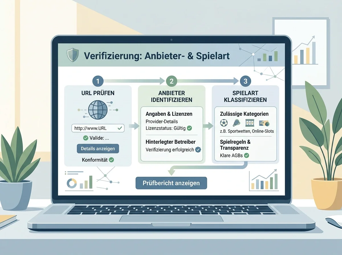 Prüfweg mit URL, Anbietername und Glücksspielart auf einem Bildschirm