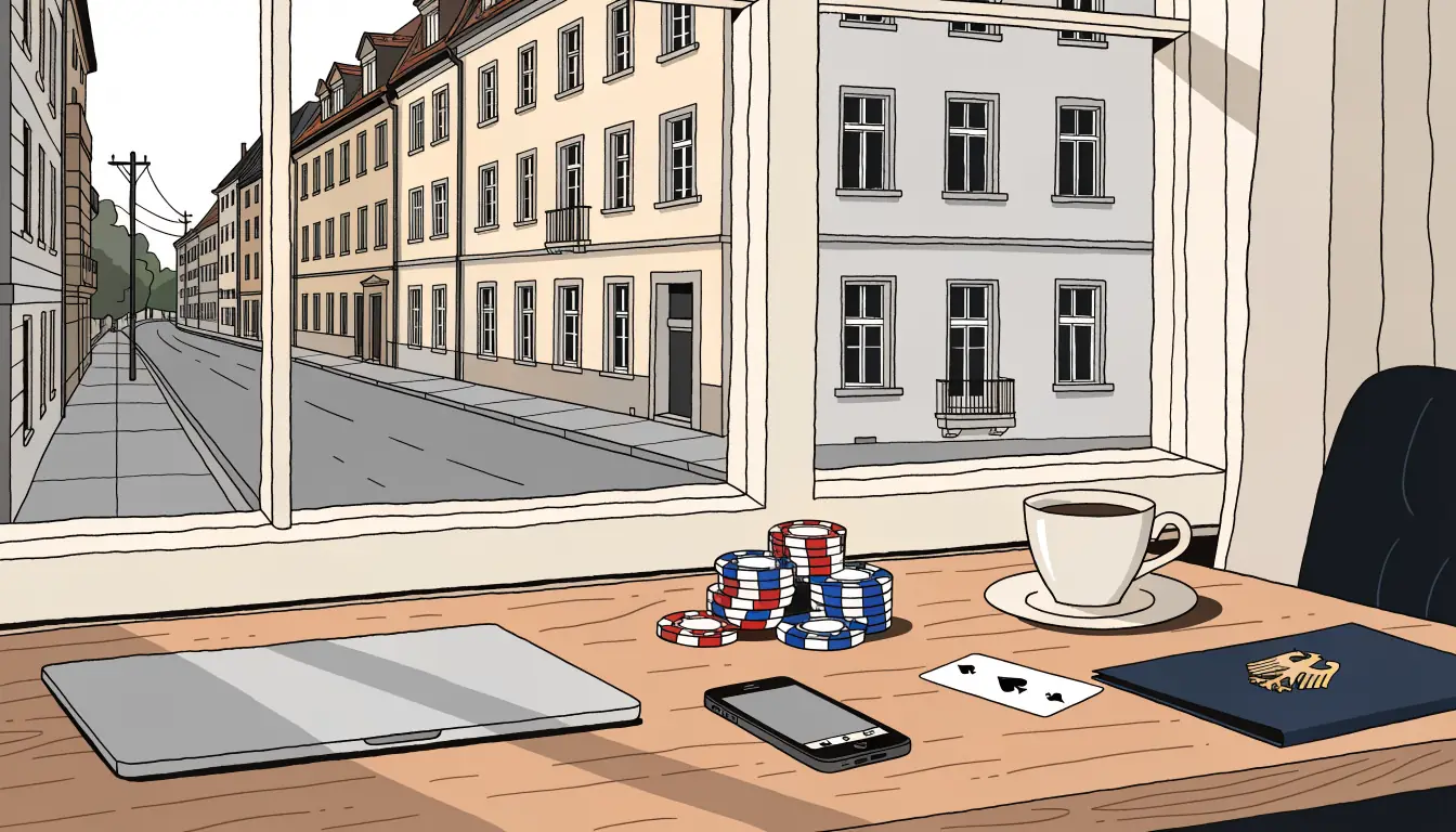 Holzschreibtisch mit geschlossenem Laptop, Casino-Chips, Spielkarte und Kaffeetasse, warmes Licht aus dem Fenster.