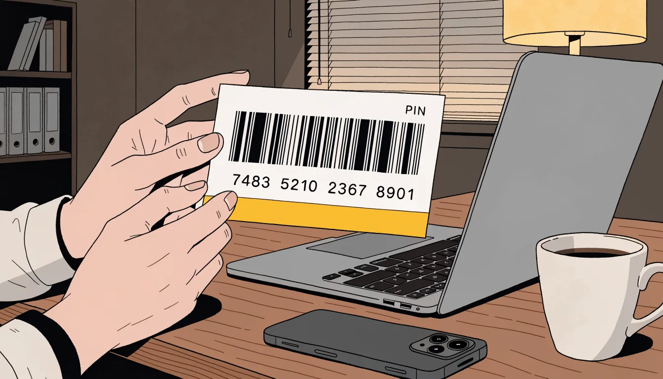 Hände halten einen Paysafecard-Gutschein mit PIN neben einem Laptop auf einem Schreibtisch.