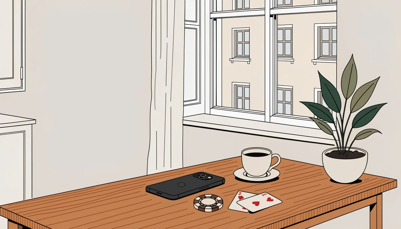 Smartphone mit Karten und Casino-Chip auf Schreibtisch